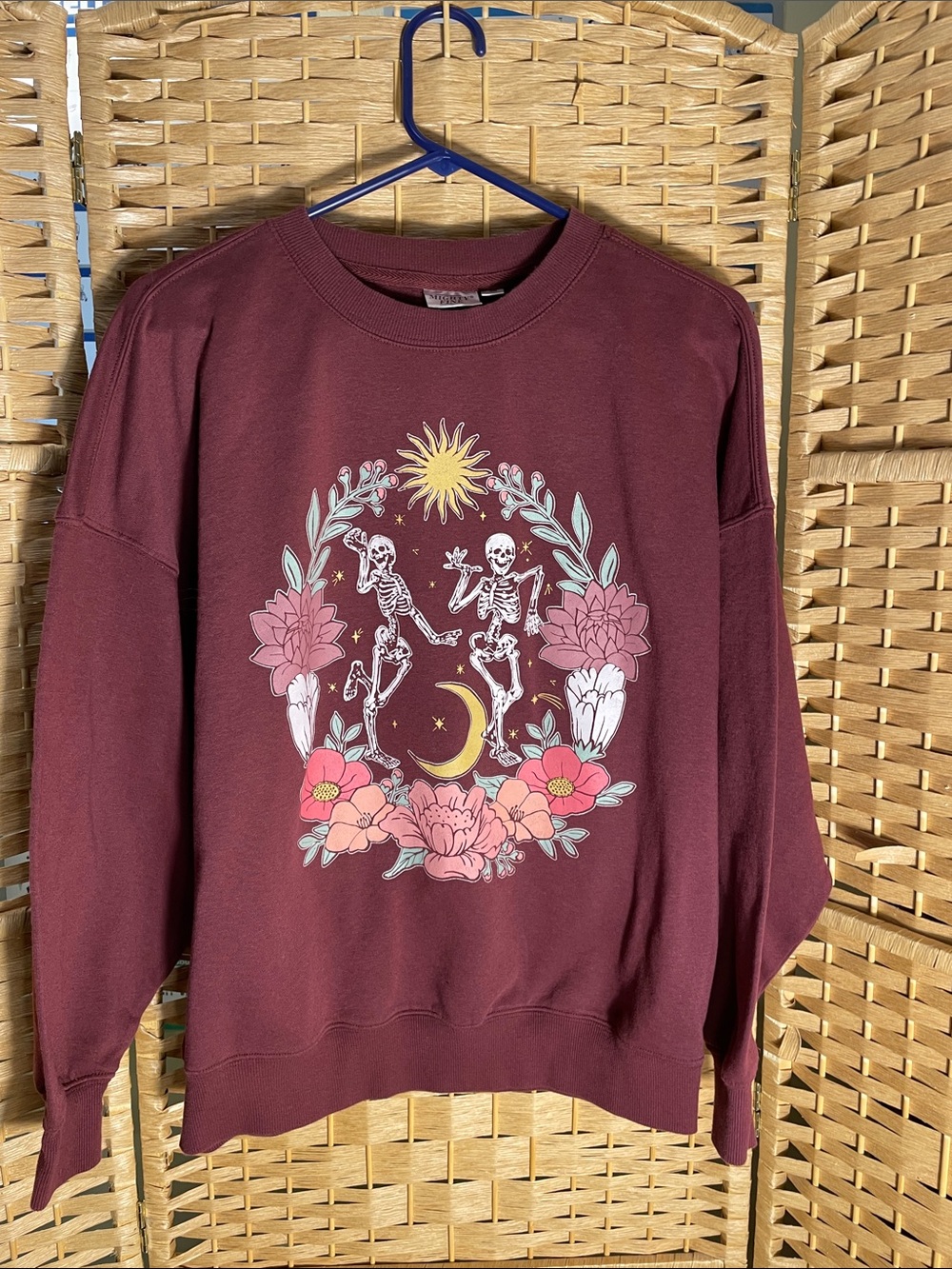 Mighty Fine Maroon Crewneck Sweatshirt with Floral, Skeleton & Celestial Graphic